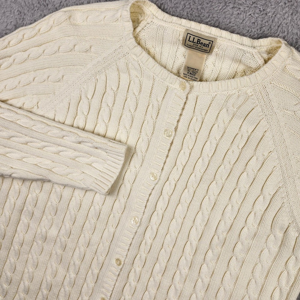 Vtg L.L. Bean Double L Cable Knit Cardigan Sweater Cream White Cotton XL Reg HK